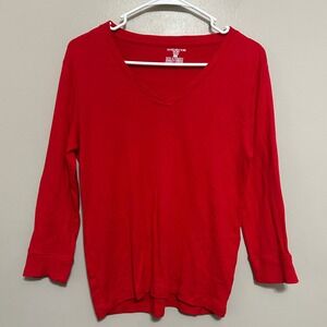 Jones New York Sport V-Neck Top Women's PM Red 3/4 Sleeve Casual Preppy Pullover